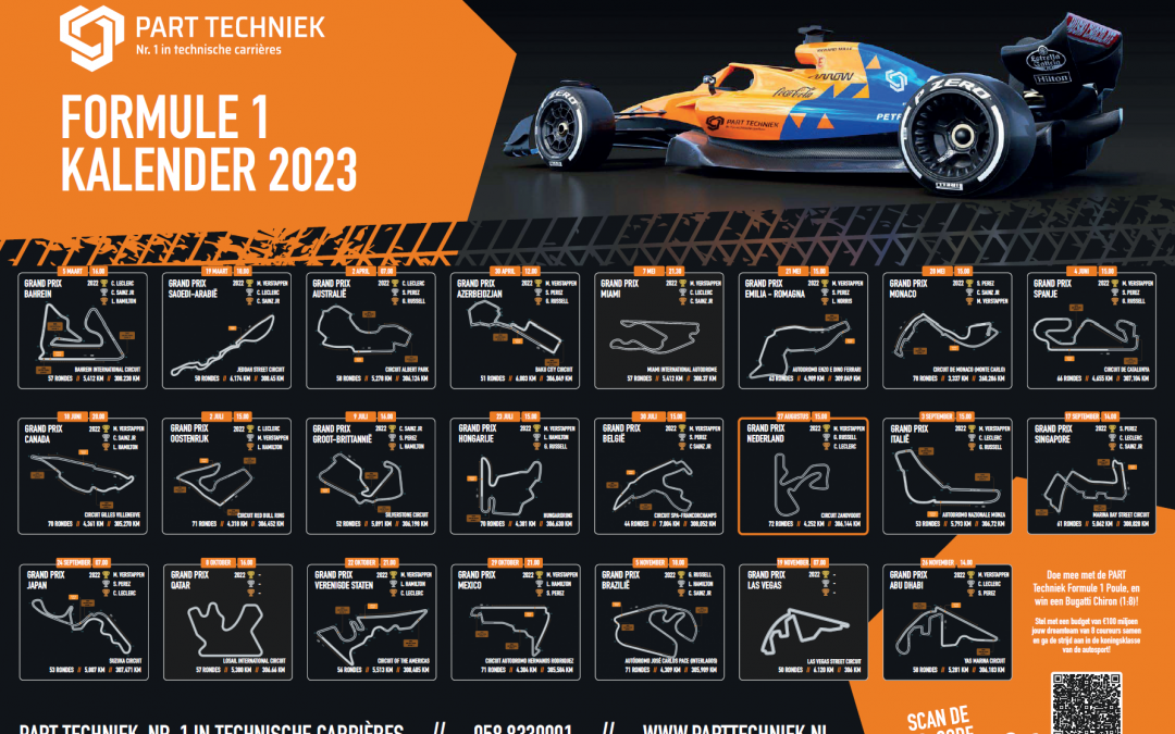 Wil jij ook de PART Techniek Formule 1 kalender 2023?